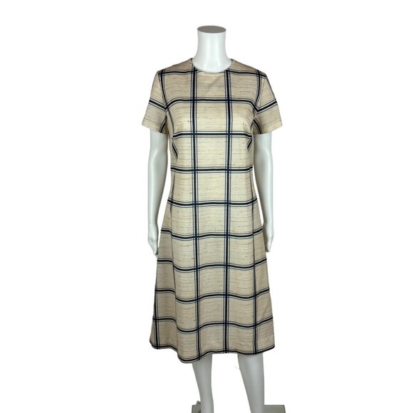 Vintage 70s Polyester Dress Women's Medium Striped Plaid Blue Cream Shift - Picture 7 of 11